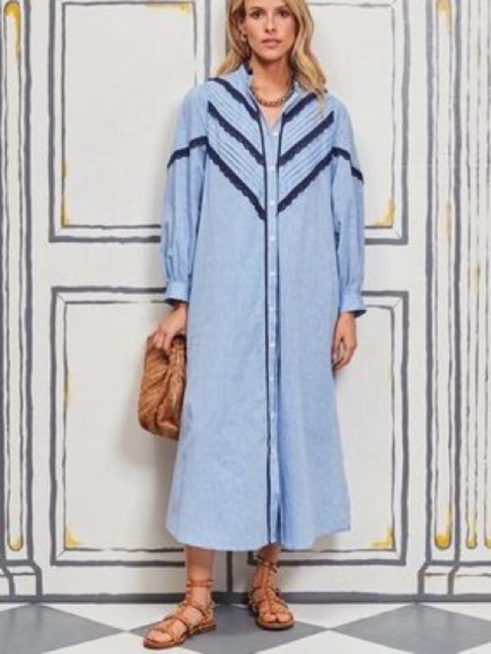 Pomander Place Tuckernuck Jolene Chambray Midi Dress Button Front Lace Linen - Picture 3 of 7